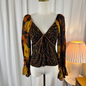 Anthropologie CONDITIONS APPLY Boho Statement Sleeves Smocked Peasant Blouse XS